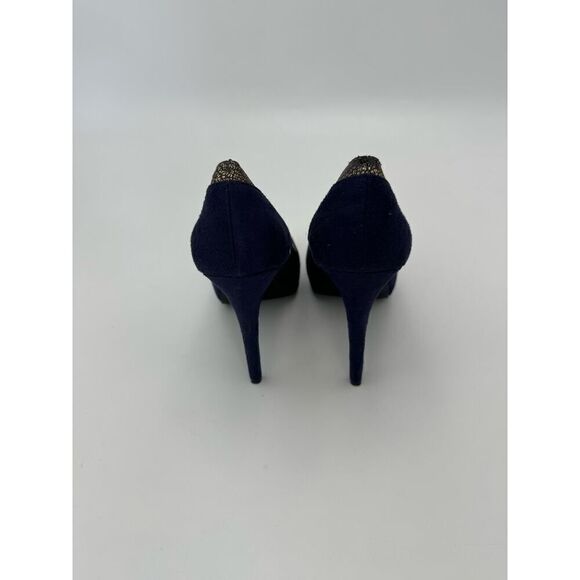JENNIFER LOPEZ HEELS WOMENS 7 NOVELLA PUMPS PLATFORM BLUE GOLD STILETTO HIGH - Picture 3 of 7